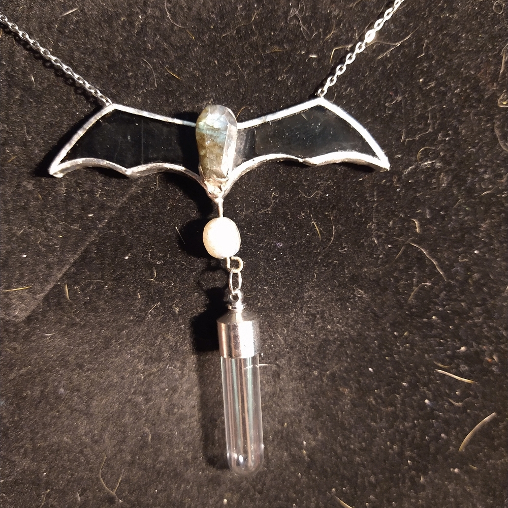 Stained glass labradorite bat vial necklace